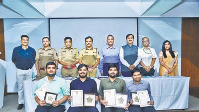 Four final year BTech students at KJ Somaiya Institute of Technology – Jatin Soneta, Dhruv Mokashe, Hemanshu Rajde and Chirayu Agarwal (seated in the front row) – were part of the development team and received certificates of appreciation from police. Four final year BTech students at KJ Somaiya Institute of Technology – Jatin Soneta, Dhruv Mokashe, Hemanshu Rajde and Chirayu Agarwal (seated in the front row) – were part of the development team and received certificates of appreciation from police.
