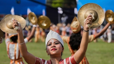 Throughout the week, there are lively cultural events to honour Bohag Bihu. To the rhythmic beats of drums, flutes, pepa (a traditional hornpipe), and taal (cymbals), men and women dress traditionally and execute the Bihu dance. (AP) Throughout the week, there are lively cultural events to honour Bohag Bihu. To the rhythmic beats of drums, flutes, pepa (a traditional hornpipe), and taal (cymbals), men and women dress traditionally and execute the Bihu dance. (AP)