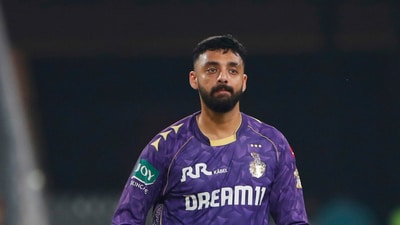 KKR's spinners then took over. Varun Chakravarthy had dismissed Josh Inglis in the powerplay and he later sent back Glenn Maxwell. He returned figures of 2/21 in 4 overs. (AP) KKR's spinners then took over. Varun Chakravarthy had dismissed Josh Inglis in the powerplay and he later sent back Glenn Maxwell. He returned figures of 2/21 in 4 overs. (AP)