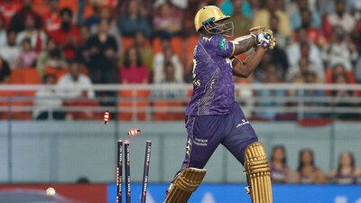 Jansen bowled the next and Russell choppped on to his own stumps first ball. KKR were all out for 95 runs and PBKS thus scripted one of the most memorable wins in the history of the IPL. (AP) Jansen bowled the next and Russell choppped on to his own stumps first ball. KKR were all out for 95 runs and PBKS thus scripted one of the most memorable wins in the history of the IPL. (AP)