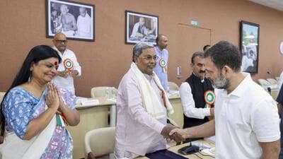 Leader of Opposition in Lok Sabha Rahul Gandhi with Karnataka CM Siddaramaiah during the CWC meeting in Ahmedabad. (PTI)