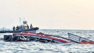 Mumbai, Dec 18 (ANI): A boat carrying 85 passengers capsizes near the Gateway of India, in Mumbai on Wednesday. Reportedly, 80 people have been rescued, 5 people are missing 5 admitted to the hospital are in critical condition and 1 is dead. (ANI Photo) (Indian Coast Guard) Mumbai, Dec 18 (ANI): A boat carrying 85 passengers capsizes near the Gateway of India, in Mumbai on Wednesday. Reportedly, 80 people have been rescued, 5 people are missing 5 admitted to the hospital are in critical condition and 1 is dead. (ANI Photo) (Indian Coast Guard)