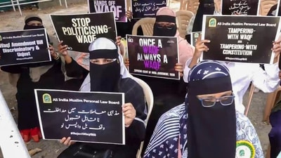 Members of All India Muslim Personal Law Board (AIMPLB) stage a protest against the Waqf (Amendment) Bill, in Vijayawada, Andhra Pradesh, Saturday, March 29, 2025. (PTI FILE) Members of All India Muslim Personal Law Board (AIMPLB) stage a protest against the Waqf (Amendment) Bill, in Vijayawada, Andhra Pradesh, Saturday, March 29, 2025. (PTI FILE)