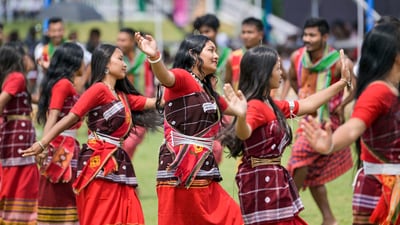 People from the Rabha tribe perform a traditional dance during Rongali Bihu celebrations, in Guwahati, Monday, April 14, 2025. (PTI) People from the Rabha tribe perform a traditional dance during Rongali Bihu celebrations, in Guwahati, Monday, April 14, 2025. (PTI)