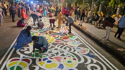 Bengali New Year ‘Naba Barsha’ was marked on April 15. Naba Barsha, also known as Pohela Boishakh, is the first day of the Bengali calendar. "Pohela" means "first," and the first month of the Bengali year is called "Boishakh." With its prayers, cultural activities, and joyous gatherings, this colourful celebration ushers in a new era. In pic: People paint on a road on the eve of the Bengali New Year, in Siliguri, West Bengal. (PTI) Bengali New Year ‘Naba Barsha’ was marked on April 15. Naba Barsha, also known as Pohela Boishakh, is the first day of the Bengali calendar. "Pohela" means "first," and the first month of the Bengali year is called "Boishakh." With its prayers, cultural activities, and joyous gatherings, this colourful celebration ushers in a new era. In pic: People paint on a road on the eve of the Bengali New Year, in Siliguri, West Bengal. (PTI)