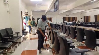 Security forces in Chandauli inspected the premises of the district collectorate office after it received a bomb threat. (PTI) Security forces in Chandauli inspected the premises of the district collectorate office after it received a bomb threat. (PTI)