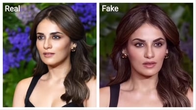 The visuals are from her recent outing at Maddock's 20-year bash in Mumbai. Take a look at the real and fake images. The visuals are from her recent outing at Maddock's 20-year bash in Mumbai. Take a look at the real and fake images.