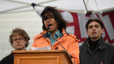 Abdullah Shahid Sial, co-president of the Harvard Undergraduate Association, speaks at a protest on Cambridge Common organized by the City of Cambridge calling on Harvard leadership to resist interference at the university by the federal government in Cambridge, Massachusetts, U.S. April 12, 2025.   REUTERS/Nicholas Pfosi (REUTERS)