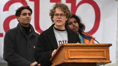 Leo Gerden, an international student at Harvard, speaks at a protest on Cambridge Common organized by the City of Cambridge calling on Harvard leadership to resist interference at the university by the federal government in Cambridge, Massachusetts, U.S. April 12, 2025.   REUTERS/Nicholas Pfosi (REUTERS)