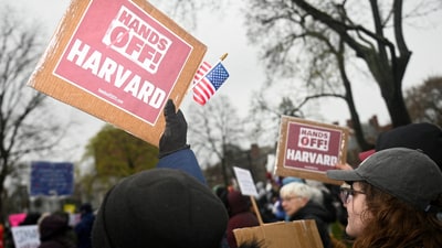 Demonstrators were holding several placards, one of which read - “Hands off! Harvard”. REUTERS/Nicholas Pfosi/File Photo (REUTERS)