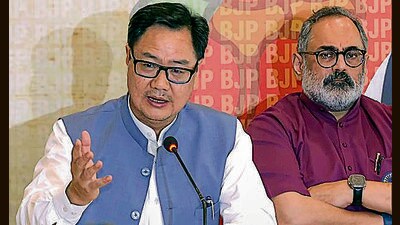 Union minister Kiren Rijiju, along with Kerala BJP president Rajeev Chandrasekhar, addresses a press conference on the Waqf Act, in Kochi on Tuesday. (ANI) Union minister Kiren Rijiju, along with Kerala BJP president Rajeev Chandrasekhar, addresses a press conference on the Waqf Act, in Kochi on Tuesday. (ANI)