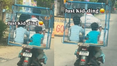 A video of two kids in a poultry cage on a bike went viral, sparking mixed reactions online. (Instagram/rollrida) A video of two kids in a poultry cage on a bike went viral, sparking mixed reactions online. (Instagram/rollrida)
