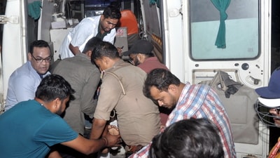 A patient being evacuated after a fire broke out at Lok Bandhu hospital, in Lucknow on Monday, April 14, 2025. (PTI) A patient being evacuated after a fire broke out at Lok Bandhu hospital, in Lucknow on Monday, April 14, 2025. (PTI)