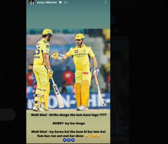 Suryakumar Yadav's Instagram story on MS Dhoni and Shivam Dube Suryakumar Yadav's Instagram story on MS Dhoni and Shivam Dube