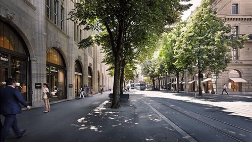 Bahnhofstrasse, Zurich’s premier shopping boulevard, is home to luxury boutiques, designer brands, and Swiss watchmakers.