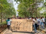 The students are protesting against the Telangana government's plan to auction 400 acres of forested land in the Kancha Gachibowli area for the development of IT parks. The students are protesting against the Telangana government's plan to auction 400 acres of forested land in the Kancha Gachibowli area for the development of IT parks.