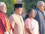 President Droupadi Murmu, Vice President Jagdeep Dhankhar, Prime Minister Narendra Modi and President of Indonesia Prabowo Subianto (PTI)