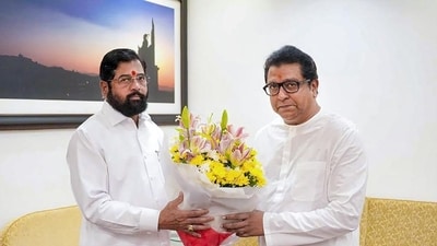 Eknath Shinde met with MNS chief Raj Thackeray at his Dadar residence on Tuesday. (PTI) Eknath Shinde met with MNS chief Raj Thackeray at his Dadar residence on Tuesday. (PTI)
