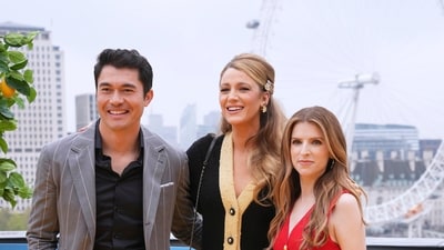 Henry Golding, from left,, Blake Lively and Anna Kendrick pose for photographers. (AP) Henry Golding, from left,, Blake Lively and Anna Kendrick pose for photographers. (AP)