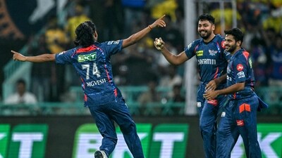 Lucknow Super Giants' Digvesh Rathi (L) celebrates (AFP) Lucknow Super Giants' Digvesh Rathi (L) celebrates (AFP)