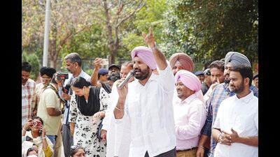 Congress’ Punjab unit chief Amarinder Singh Raja Warring leads a protest in Chandigarh on Wednesday.