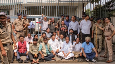 Congress supporters stage a protest against the ED after the agency filed a chargesheet against Congress leaders Sonia Gandhi, Rahul Gandhi and others in the National Herald case, in Dehradun. (PTI) Congress supporters stage a protest against the ED after the agency filed a chargesheet against Congress leaders Sonia Gandhi, Rahul Gandhi and others in the National Herald case, in Dehradun. (PTI)