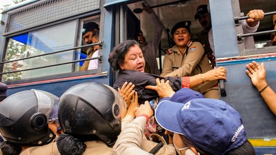 Congress supporters being detained during a protest against the ED after the agency filed a chargesheet against Congress leaders Sonia Gandhi, Rahul Gandhi and others in the National Herald case, in Dehradun. (PTI) Congress supporters being detained during a protest against the ED after the agency filed a chargesheet against Congress leaders Sonia Gandhi, Rahul Gandhi and others in the National Herald case, in Dehradun. (PTI)