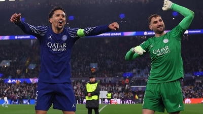 Paris Saint-Germain's Brazilian defender #05 Marquinhos (L) and Paris Saint-Germain's Italian goalkeeper #01 Gianluigi Donnarumma celebrate after reaching the semifinals. (AFP) Paris Saint-Germain's Brazilian defender #05 Marquinhos (L) and Paris Saint-Germain's Italian goalkeeper #01 Gianluigi Donnarumma celebrate after reaching the semifinals. (AFP)