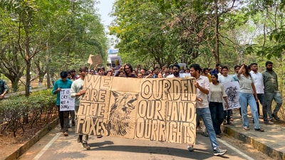 The students are protesting against the Telangana government's plan to auction 400 acres of forested land in the Kancha Gachibowli area for the development of IT parks. (PTI) The students are protesting against the Telangana government's plan to auction 400 acres of forested land in the Kancha Gachibowli area for the development of IT parks. (PTI)