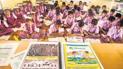Mumbai, India - February 7, 2019: Translated textbooks in Warli for students at Zilla Parishad school,Khoricha Pada at Saphale near Mumbai, India, on Thursday, February 7, 2019. (Photo by Pramod Thakur/Hindustan Times) (Pramod Thakur/HT Photo) Mumbai, India - February 7, 2019: Translated textbooks in Warli for students at Zilla Parishad school,Khoricha Pada at Saphale near Mumbai, India, on Thursday, February 7, 2019. (Photo by Pramod Thakur/Hindustan Times) (Pramod Thakur/HT Photo)