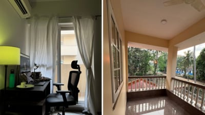 The view of a wall from Raj's apartment in Noida (L) vs his green and clean view in Goa (R) (X/@rajgoesout) The view of a wall from Raj's apartment in Noida (L) vs his green and clean view in Goa (R) (X/@rajgoesout)