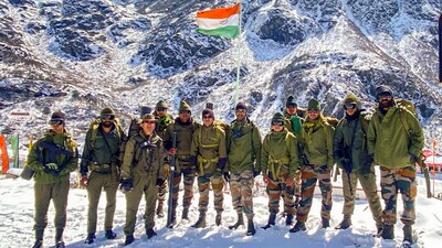 Army personnel pose after successful conclusion of ARMEX-24, a high-altitude adventure expedition. It took participants on a journey from the dense jungles of North Bengal to the treacherous, snow-clad heights of Sikkim, covering a total of 146 kilometres. (PTI) Army personnel pose after successful conclusion of ARMEX-24, a high-altitude adventure expedition. It took participants on a journey from the dense jungles of North Bengal to the treacherous, snow-clad heights of Sikkim, covering a total of 146 kilometres. (PTI)