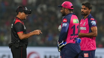 RR's Sanju Samson and Sandeep Sharma interact with field umpire during IPL 2025 match against Delhi Capitals (PTI) RR's Sanju Samson and Sandeep Sharma interact with field umpire during IPL 2025 match against Delhi Capitals (PTI)