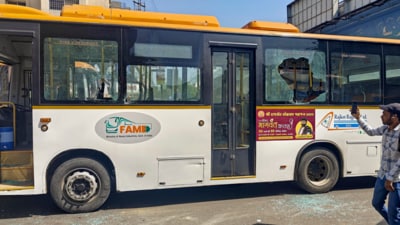 The city bus vandalised after it hit several vehicles, killing at least three and injuring many others, in Rajkot, Wednesday, April 16, 2025. (PTI photo) The city bus vandalised after it hit several vehicles, killing at least three and injuring many others, in Rajkot, Wednesday, April 16, 2025. (PTI photo)