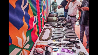 Security forces display arms and ammunition recovered from Sanyal and Jakhole encounter sites, in Kathua on Wednesday. (ANI) Security forces display arms and ammunition recovered from Sanyal and Jakhole encounter sites, in Kathua on Wednesday. (ANI)