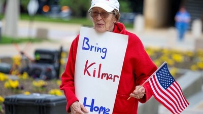 Protesters show support for Abrego Garcia, asking Trump government to bring him back. On April 12, the US government official confirmed that he is alive and in El Salvador’s massive CECOT prison. (Photo by TASOS KATOPODIS / GETTY IMAGES NORTH AMERICA / Getty Images via AFP) (Getty Images via AFP)