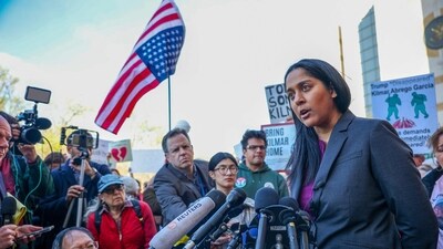 Attorney Rina Gandhi addresses media about Kilmar Abrego Garcia, who was mistakenly deported to El Salvador after Federal Court on April 15, 2025 in Greenbelt, Maryland. (Photo by TASOS KATOPODIS / GETTY IMAGES NORTH AMERICA / Getty Images via AFP) (Getty Images via AFP)