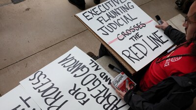 Colin Vale makes signs on the day of a hearing in the case related to Kilmar Abrego Garcia, the Salvadoran man who was deported without due process by the U.S. President Donald Trump administration to a prison in El Salvador, outside U.S. District Court in Greenbelt, Maryland, U.S., April 15, 2025. REUTERS/Leah Millis (REUTERS)