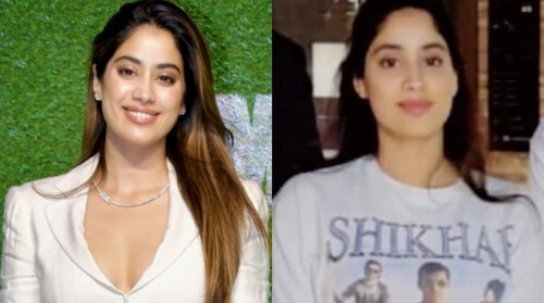 Janhvi Kapoor wearing her 'Shiku' necklace; Her in a 'Shikar'-printed shirt (Photos: X)