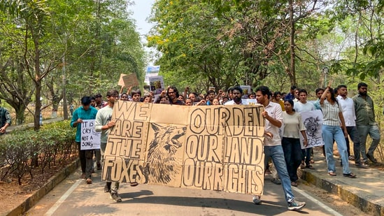 The students are protesting against the Telangana government's plan to auction 400 acres of forested land in the Kancha Gachibowli area for the development of IT parks. (PTI)