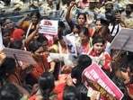 Leaders of the Telangana Pradesh Congress committee protested the agency's chargesheet against its leaders, Rahul Gandhi and Sonia Gandhi, in the National Herald case on Thursday outside the Directorate of Enforcement headquarters in Hyderabad.