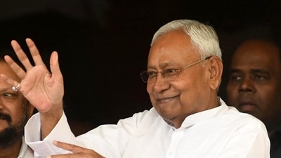 After his Haryana counterpart Nayab Singh Saini declared that the BJP would win the elections in the eastern state "under the leadership of Samrat Choudhary," JD(U), an alliance partner of the NDA, erected a large poster outside its party office here, stating that Nitish Kumar would remain the Bihar chief minister until 2030 (HT photo)