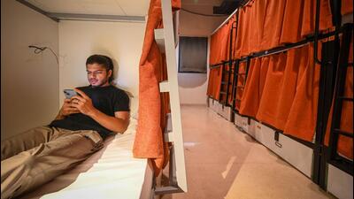 A view inside the Metrostay Pod Hotel at NDLS Metro Station on April 8. (Sanchit Khanna/HT Photo) A view inside the Metrostay Pod Hotel at NDLS Metro Station on April 8. (Sanchit Khanna/HT Photo)