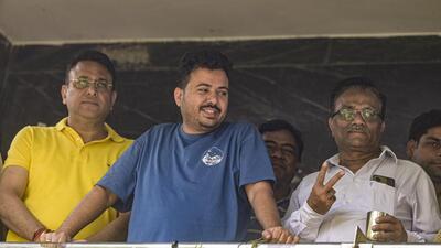 AAP’s Durgesh Pathak at his house during the CBI raid. (PTI) AAP’s Durgesh Pathak at his house during the CBI raid. (PTI)