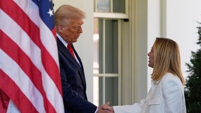 President Donald Trump greets Italy's Prime Minister Giorgia Meloni at the White House, Thursday, April 17, 2025, in Washington. AP/PTI(AP04_17_2025_000388B) (AP)
