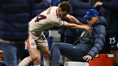 Bayern Munich's Josip Stanisic pushes a ballboy at the San Siro stadium during Bayern's Champions League quarterfinal loss to Inter Milan. (AFP) Bayern Munich's Josip Stanisic pushes a ballboy at the San Siro stadium during Bayern's Champions League quarterfinal loss to Inter Milan. (AFP)