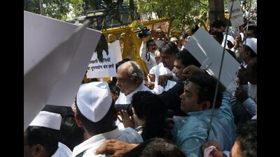 Former Haryana chief minister Bhupinder Singh Hooda during the protest in Chandigarh on Thursday. (Keshav Singh/HT) Former Haryana chief minister Bhupinder Singh Hooda during the protest in Chandigarh on Thursday. (Keshav Singh/HT)
