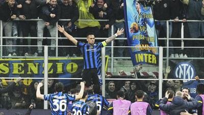 Inter Milan's Lautaro Martinez celebrates after scoring against Bayern Munich at the San Siro stadium on Wednesday. (AP) Inter Milan's Lautaro Martinez celebrates after scoring against Bayern Munich at the San Siro stadium on Wednesday. (AP)