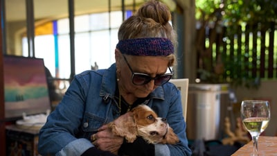 Rachel Dancyg holds her dog, Billie, on Wednesday, April 16, 2025. Israeli soldiers found Billie in the Gaza Strip, 18 months after she disappeared during Hamas' attack on Dancyg's Kibbutz of Nir Oz, in Binyamina, Israel. (AP Photo/Ariel Schalit) (AP) Rachel Dancyg holds her dog, Billie, on Wednesday, April 16, 2025. Israeli soldiers found Billie in the Gaza Strip, 18 months after she disappeared during Hamas' attack on Dancyg's Kibbutz of Nir Oz, in Binyamina, Israel. (AP Photo/Ariel Schalit) (AP)