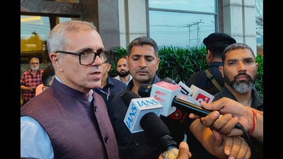 Jammu & Kashmir Chief Minister Omar Abdullah talks to the media, in Jammu, on Thursday. (PTI)